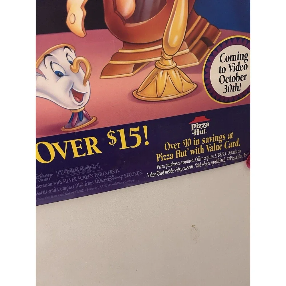 Vintage SUPER RARE Beauty & The Beast 1991 VHS Promo Poster Disney Princess
